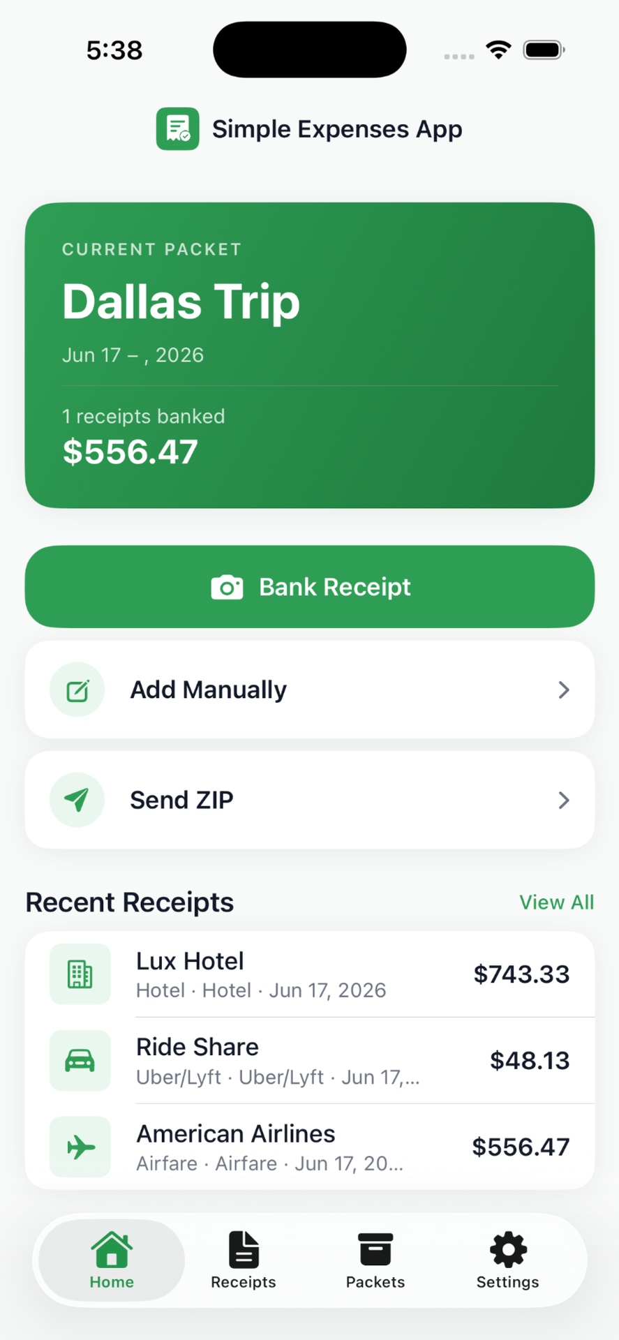 Simple Expenses App home screen showing a Las Vegas trip packet