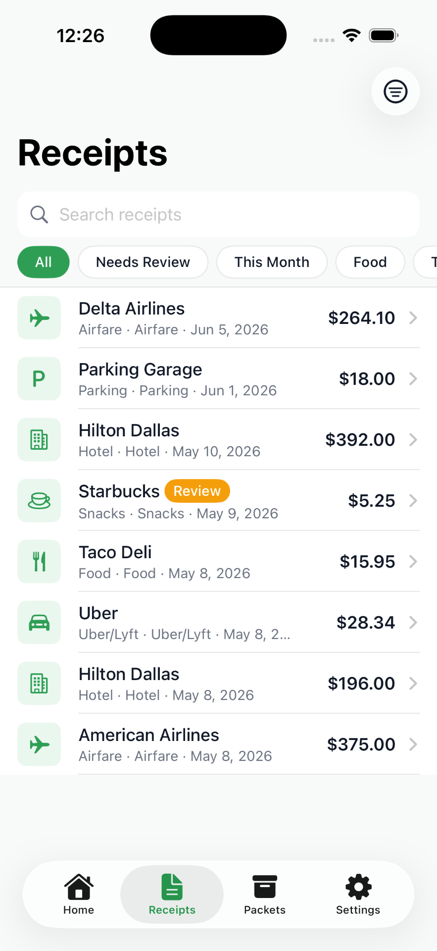 Receipts screen with search and category filters